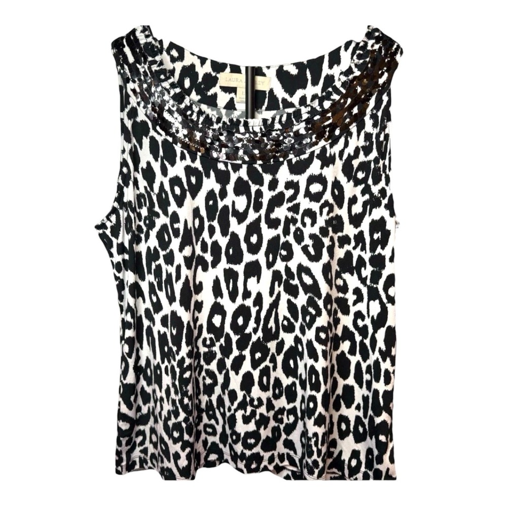 Laura Ashley Shirt Women L Sleeveless Cheetah Leopard Print Sequins